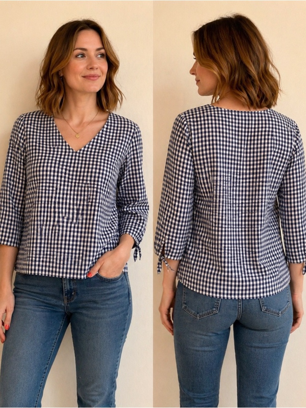 Jones New York Navy and White Gingham Shirt